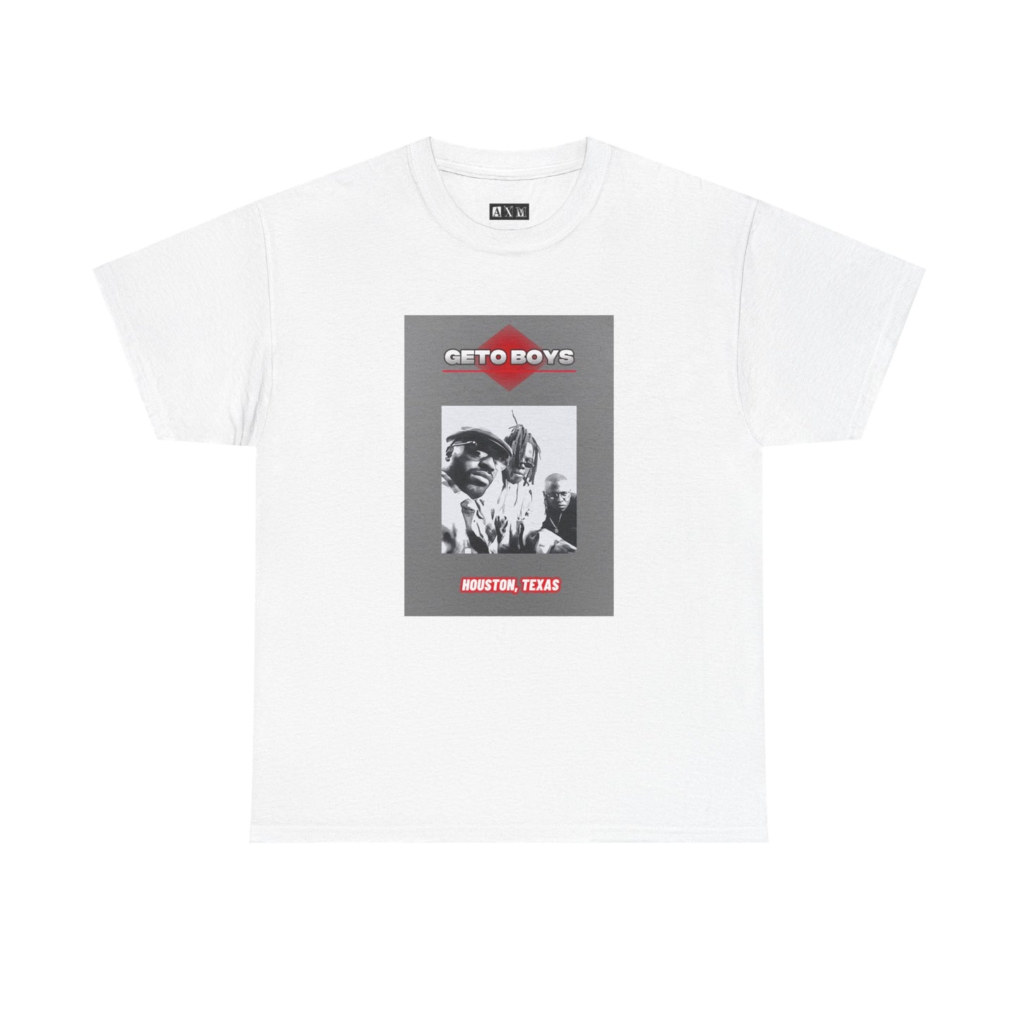 Geto Boys unisex heavyweight tee shirt featuring a gritty black-and-white photo of the group, framed with a gray panel. “GETO BOYS” blazes at the top in red and white, with Houston, Texas stamped below — pure Southern hip-hop pride.