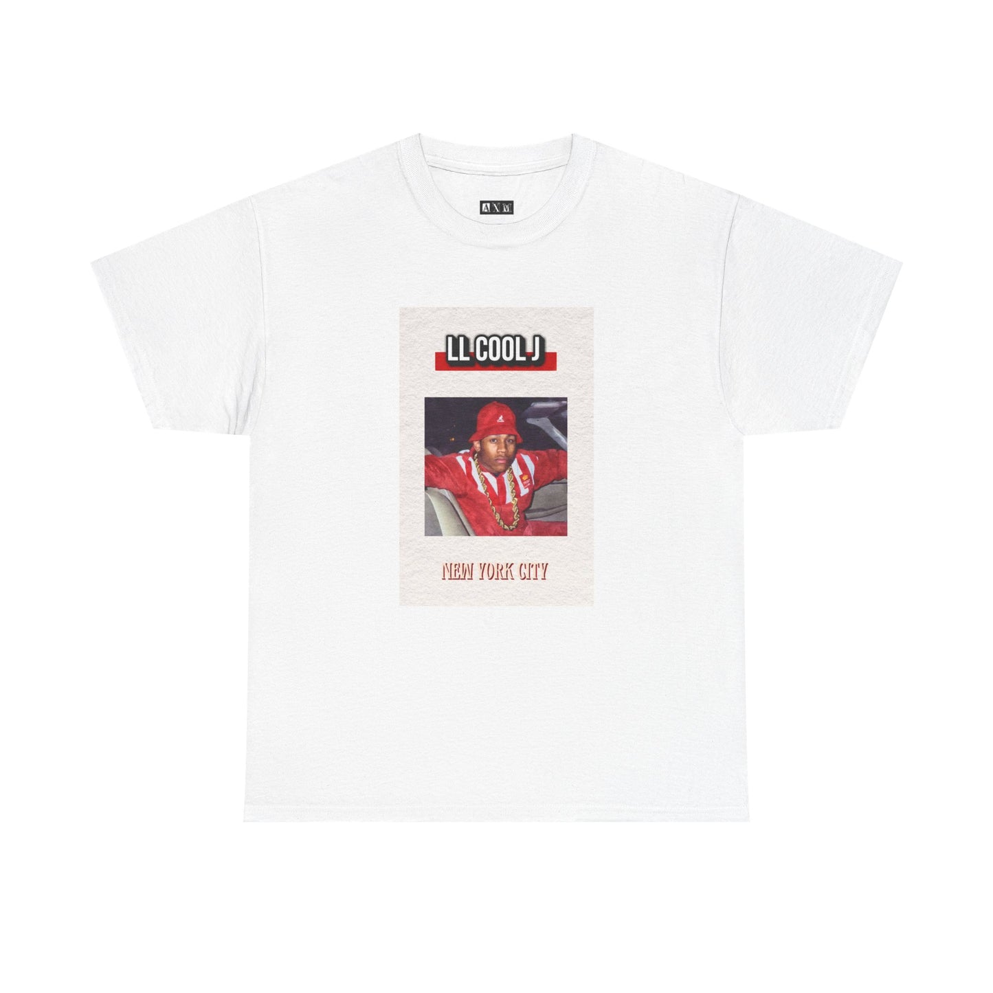 LL cool J unisex heavyweight tee shirt featuring a bold vintage-style print, showcasing him in a classic red Kangol with gold chain. "LL COOL J" tops the design, while "New York City" anchors it below—capturing pure old-school hip-hop energy.