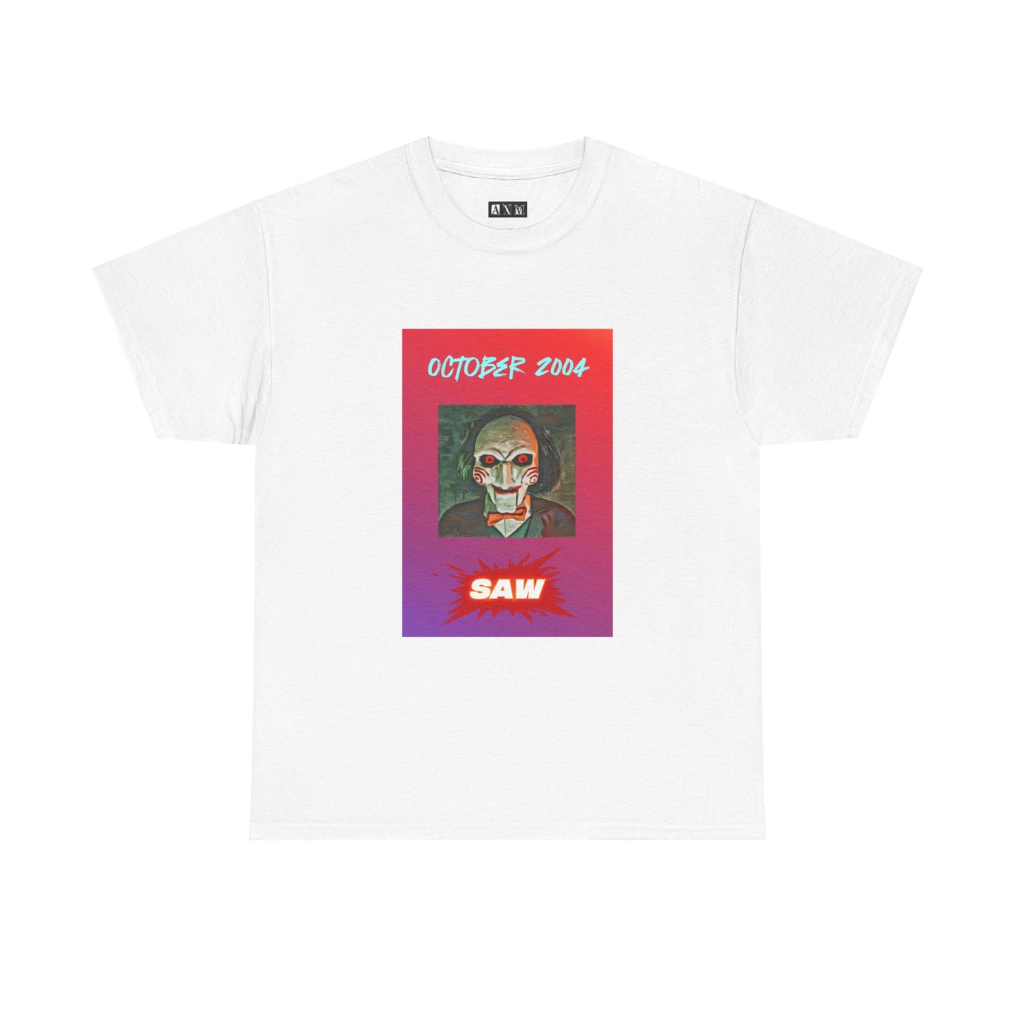 Saw unisex heavyweight tee shirt featuring Jigsaw’s haunting stare, bold “October 2004” above, and a blood-red SAW blast below. A wearable reminder of the game that changed terror foreverand a chilling tribute to horror history.