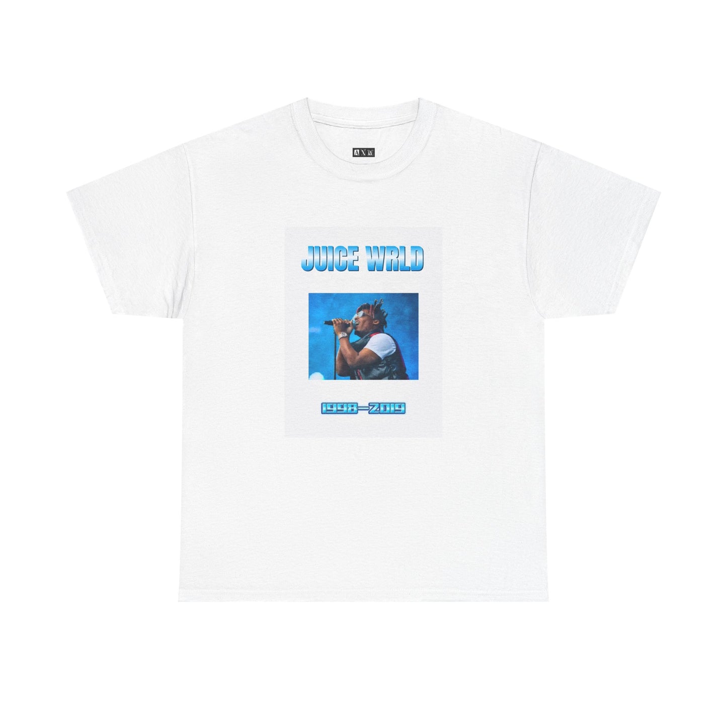 Juice WRLD black unisex heavyweight tee shirt crowned by his name in bold sky-like font and marked with his years—1998–2019—an eternal tribute to a voice gone too soon that will forever echo in time.