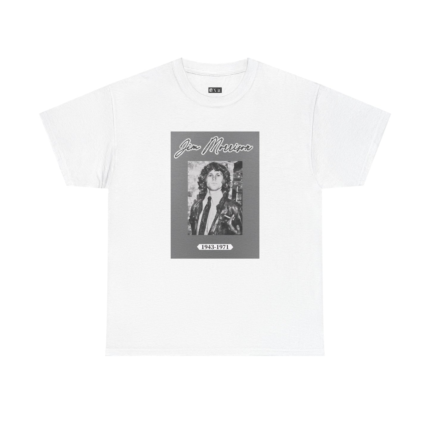 Jim Morrison black unisex heavyweight tee shirt featuring his name in script above a grayscale portrait, with the years 1943–1971 underneath. A timeless tribute to the legendary Doors frontman and rock’s eternal poet.