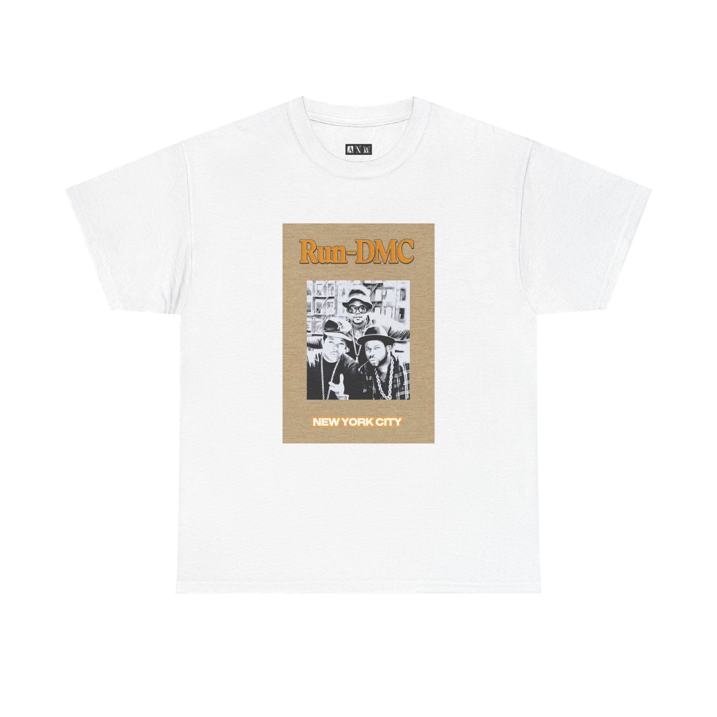 Run-DMC unisex heavyweight tee shirt featuring the iconic group posing in classic streetwear, topped with bold orange "Run-DMC" lettering and “NEW YORK CITY” stamped below. A tribute to one of hip-hop’s greatest pioneers.