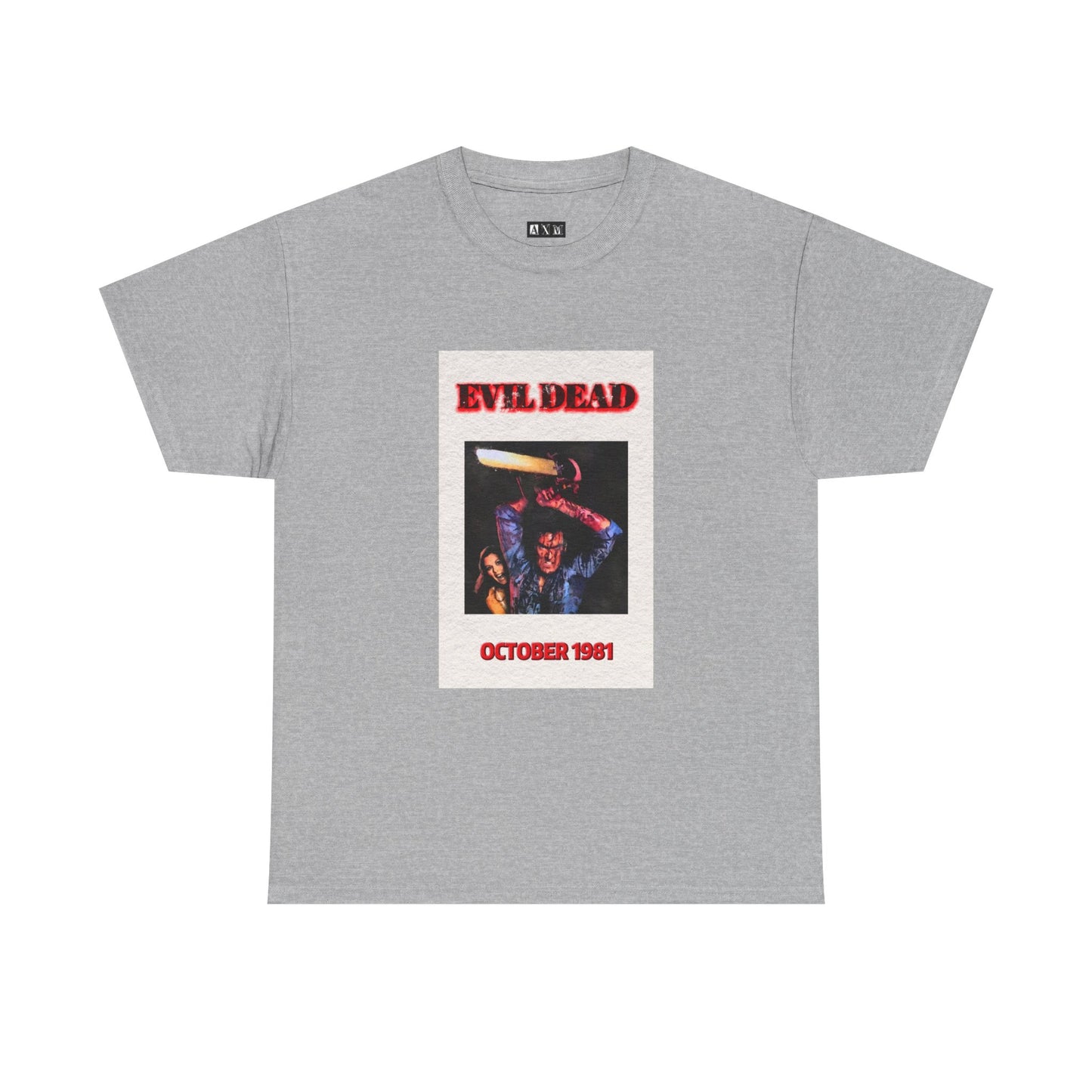 Evil Dead unisex heavyweight tee shirt featuring Ash in a frenzied battle stance channeling raw terror and blood soaked grit. Marked with October 1981, it’s not just apparel—it’s a shrine to the night horror history was written.