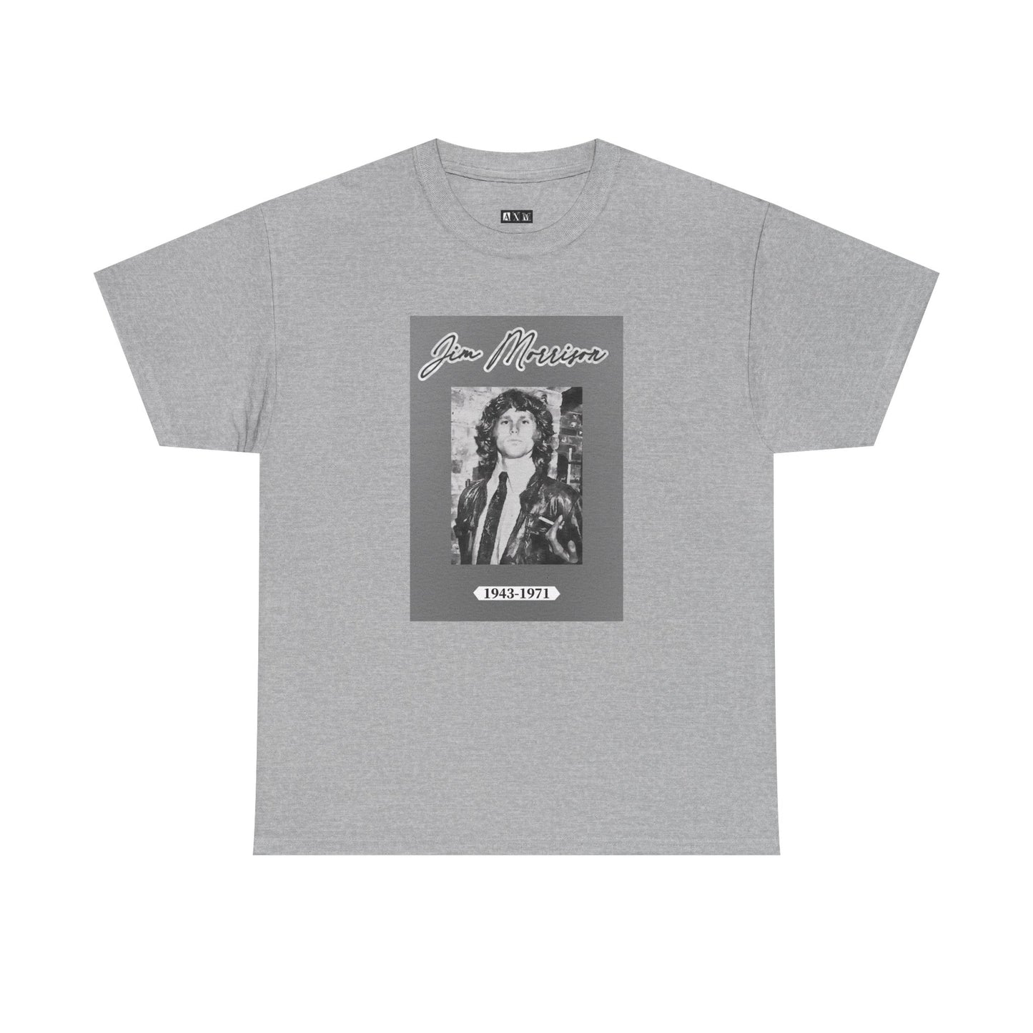 Jim Morrison black unisex heavyweight tee shirt featuring his name in script above a grayscale portrait, with the years 1943–1971 underneath. A timeless tribute to the legendary Doors frontman and rock’s eternal poet.