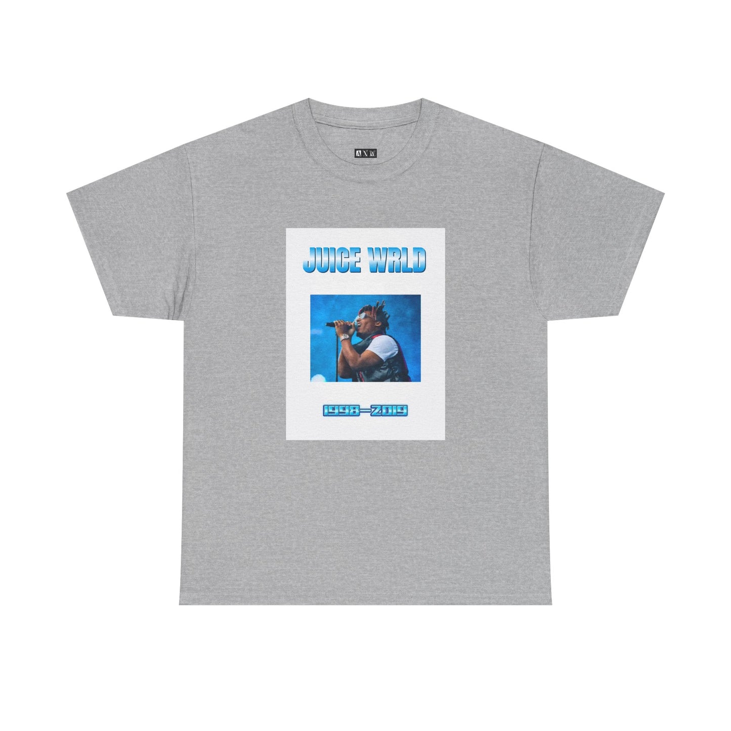 Juice WRLD black unisex heavyweight tee shirt crowned by his name in bold sky-like font and marked with his years—1998–2019—an eternal tribute to a voice gone too soon that will forever echo in time.