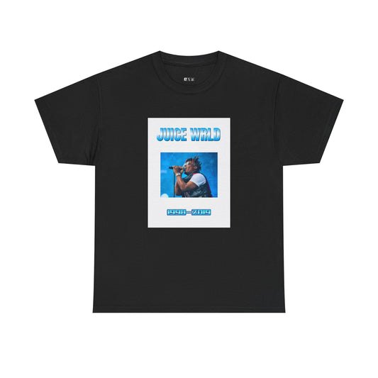 Juice WRLD black unisex heavyweight tee shirt crowned by his name in bold sky-like font and marked with his years—1998–2019—an eternal tribute to a voice gone too soon that will forever echo in time.