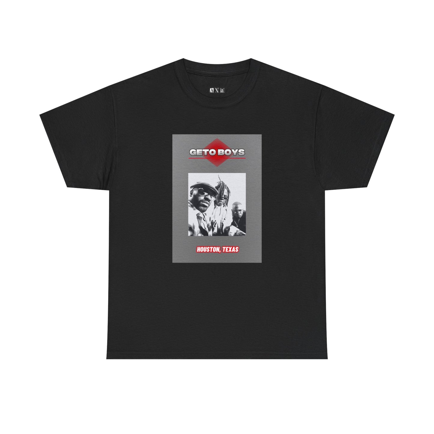 Geto Boys unisex heavyweight tee shirt featuring a gritty black-and-white photo of the group, framed with a gray panel. “GETO BOYS” blazes at the top in red and white, with Houston, Texas stamped below — pure Southern hip-hop pride.