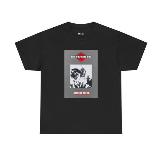 Geto Boys unisex heavyweight tee shirt featuring a gritty black-and-white photo of the group, framed with a gray panel. “GETO BOYS” blazes at the top in red and white, with Houston, Texas stamped below — pure Southern hip-hop pride.