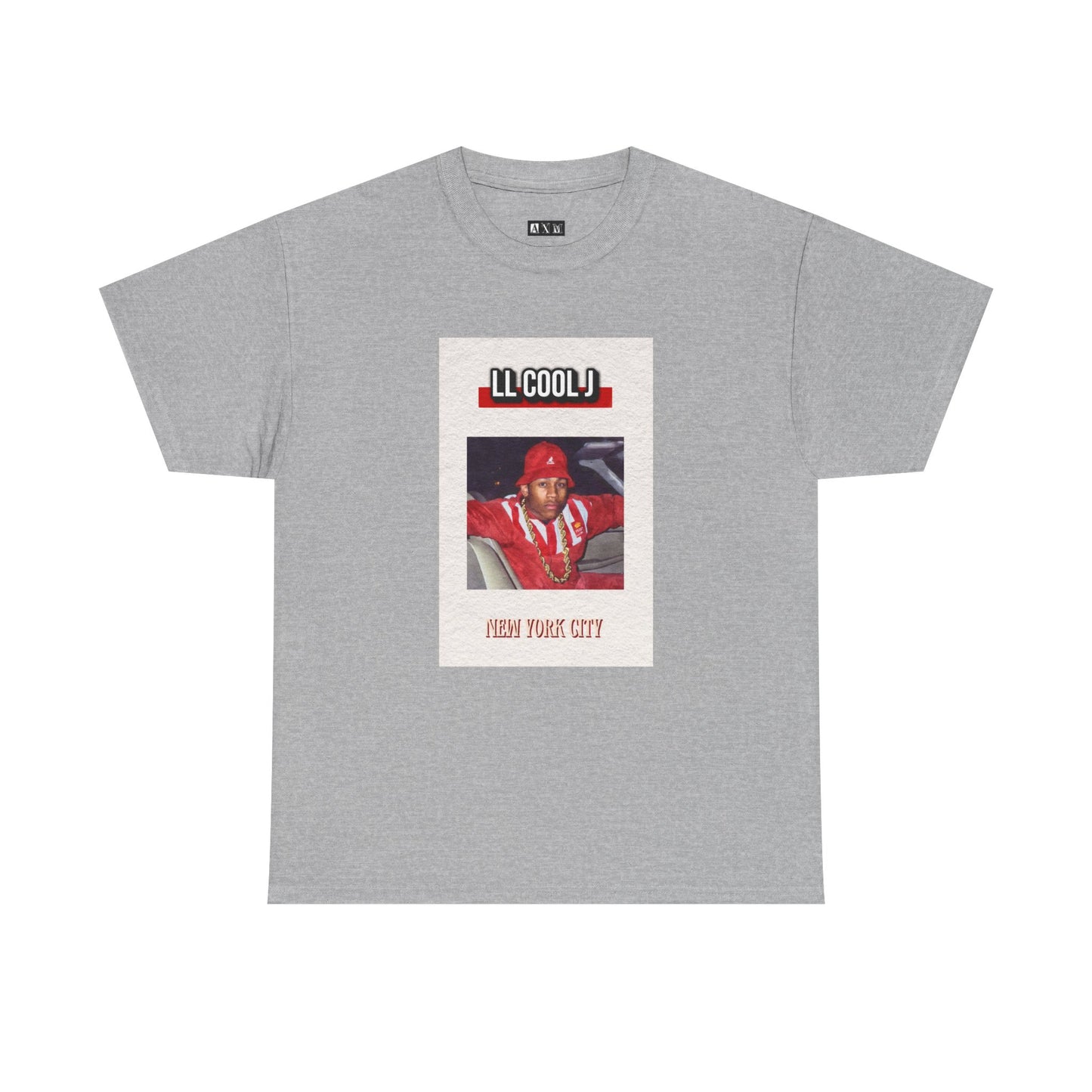 LL cool J unisex heavyweight tee shirt featuring a bold vintage-style print, showcasing him in a classic red Kangol with gold chain. "LL COOL J" tops the design, while "New York City" anchors it below—capturing pure old-school hip-hop energy.