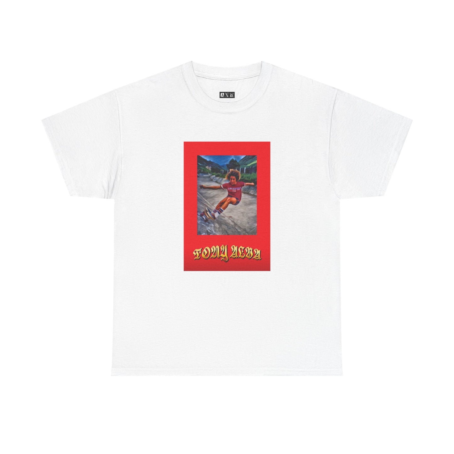Tony Alva unisex heavyweight tee shirt which rides the edge of freedom and rebellion.  The bold red frame, vintage photo, and old-school lettering captures the raw energy of skateboarding’s godfather. A shirt that screams freedom, grit, and style.