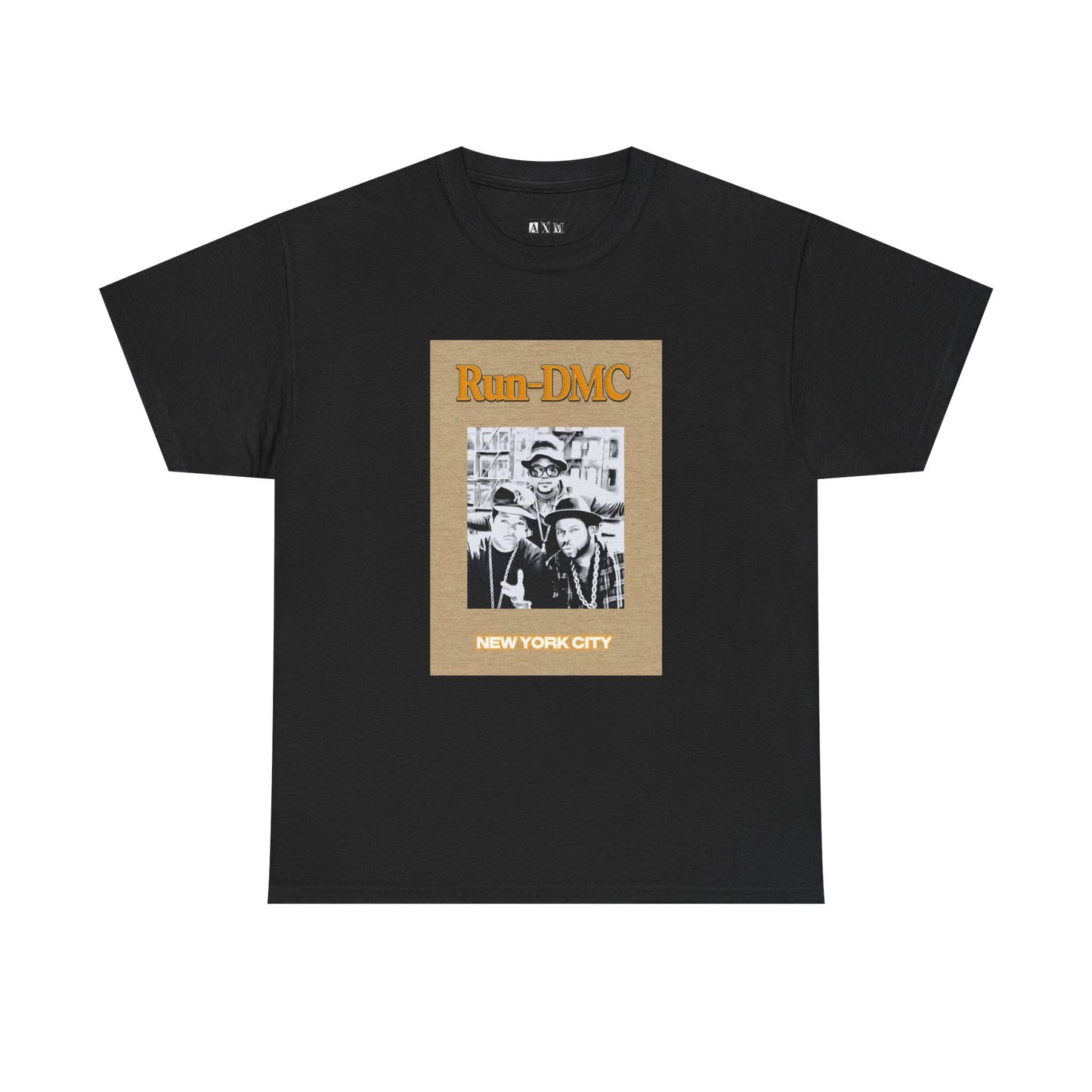 Run-DMC unisex heavyweight tee shirt featuring the iconic group posing in classic streetwear, topped with bold orange "Run-DMC" lettering and “NEW YORK CITY” stamped below. A tribute to one of hip-hop’s greatest pioneers.