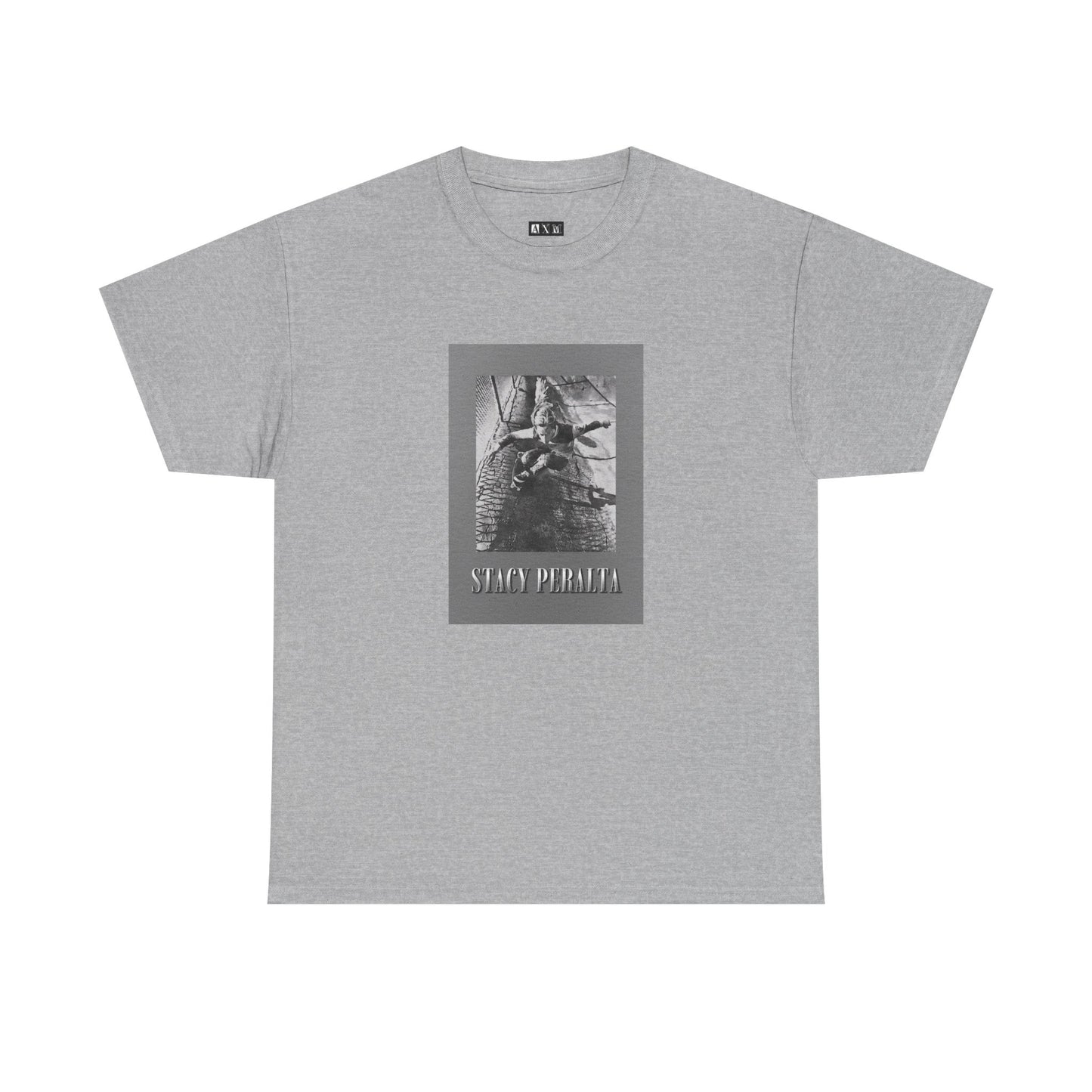 Stacy Peralta unisex heavyweight tee shirt. It unleashes skateboarding’s raw spirit with a gray border and vintage photo.  A tribute to rebellion, freedom, and fearless style. Wear history. Command attention.