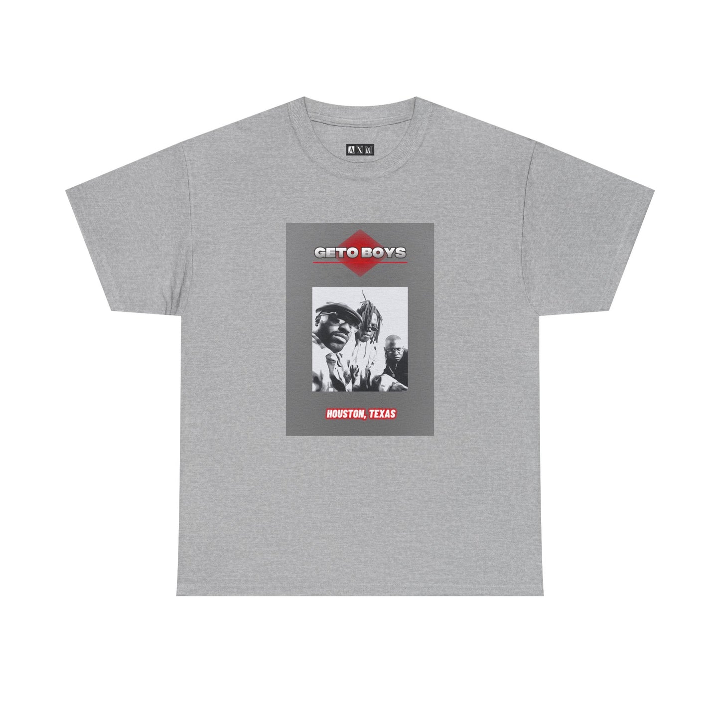 Geto Boys unisex heavyweight tee shirt featuring a gritty black-and-white photo of the group, framed with a gray panel. “GETO BOYS” blazes at the top in red and white, with Houston, Texas stamped below — pure Southern hip-hop pride.
