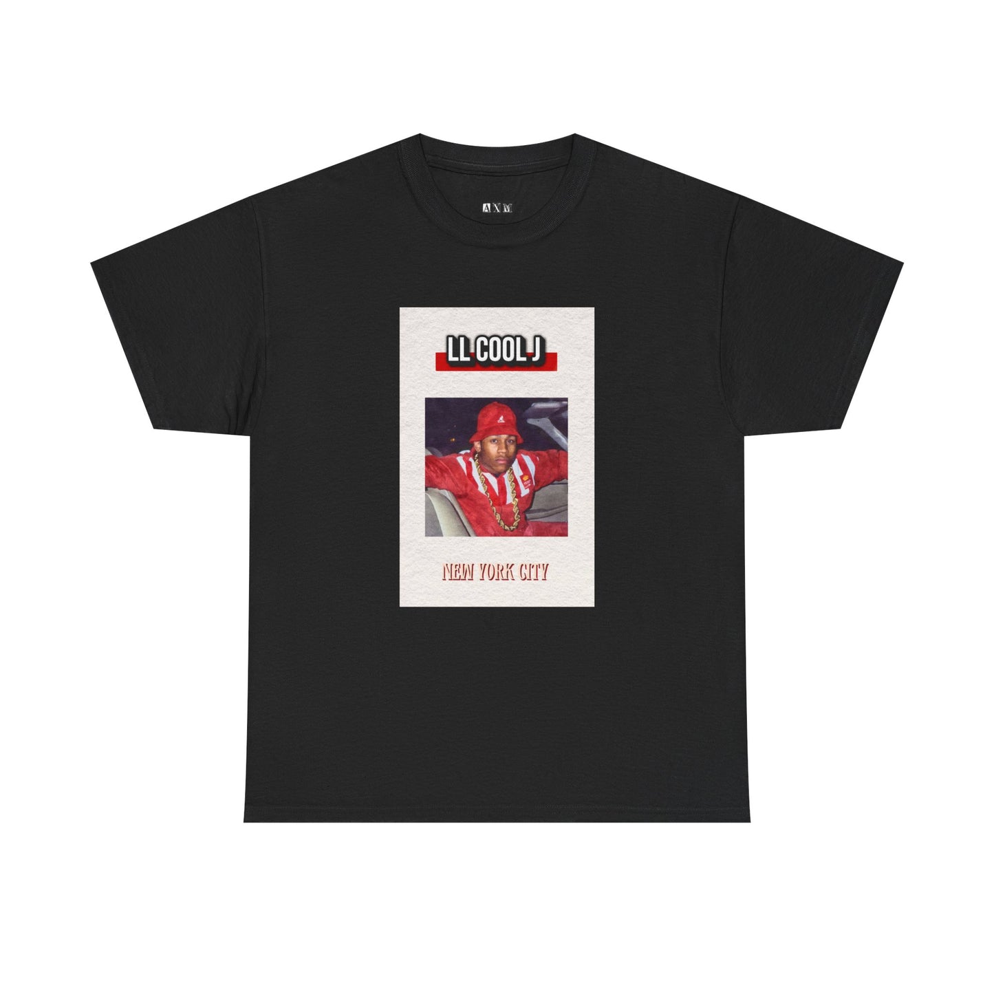 LL cool J unisex heavyweight tee shirt featuring a bold vintage-style print, showcasing him in a classic red Kangol with gold chain. "LL COOL J" tops the design, while "New York City" anchors it below—capturing pure old-school hip-hop energy.