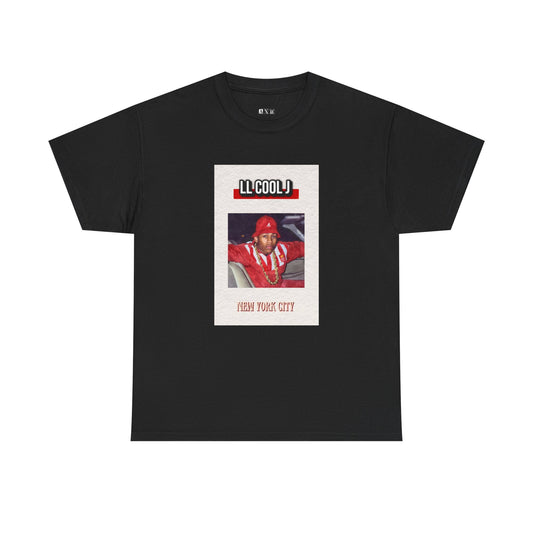 LL cool J unisex heavyweight tee shirt featuring a bold vintage-style print, showcasing him in a classic red Kangol with gold chain. "LL COOL J" tops the design, while "New York City" anchors it below—capturing pure old-school hip-hop energy.