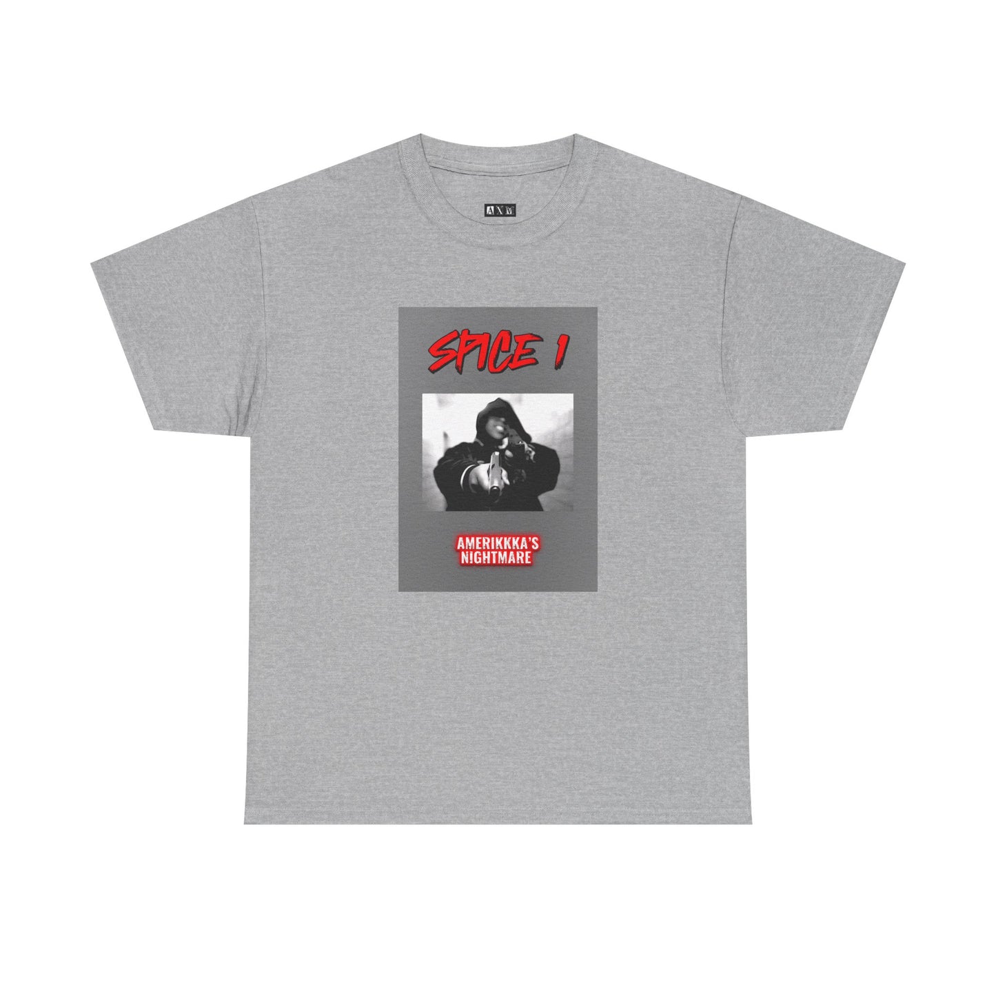 Spice 1 unisex heavyweight tee shirt featuring bold red text and the “AmeriKKKa’s Nightmare” cover art in grayscale. A striking tribute to raw West Coast hip-hop, this shirt channels gritty street energy with unapologetic style.